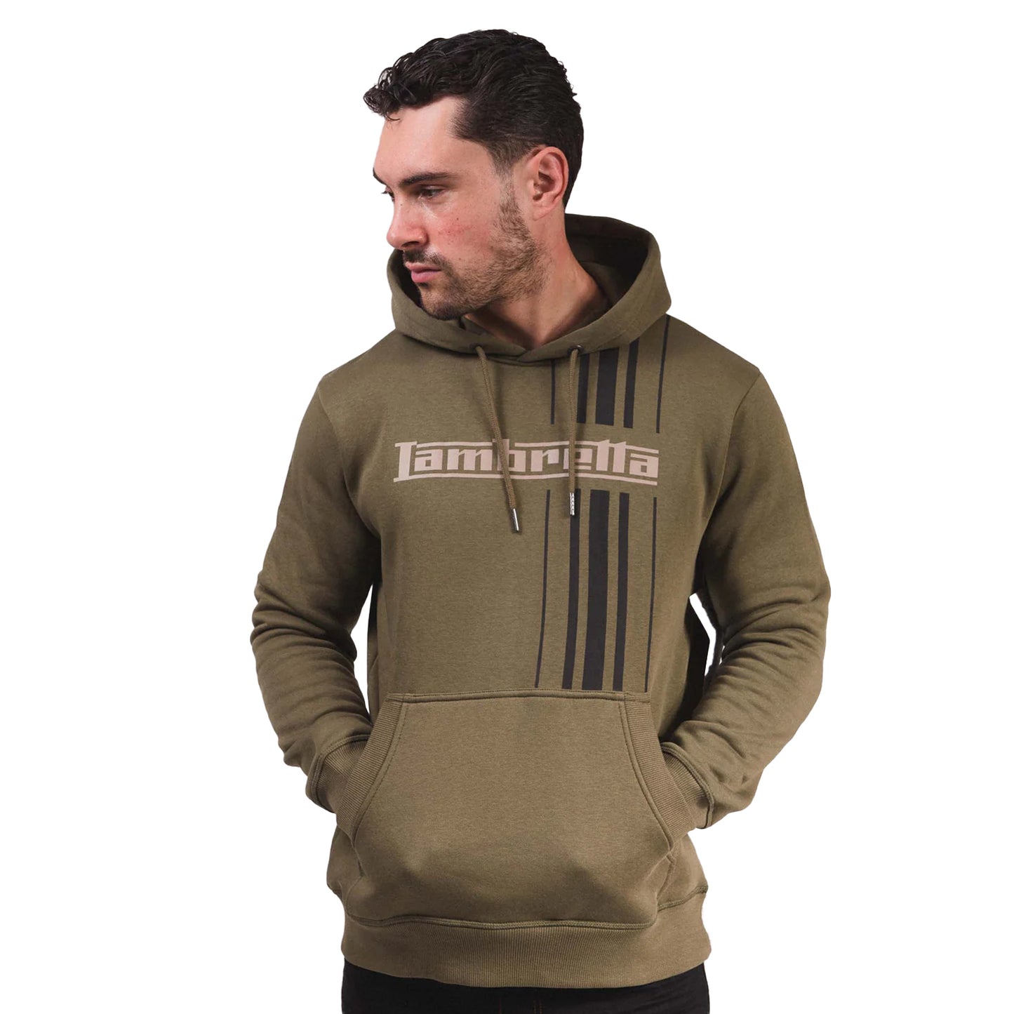 Khaki Green - Side - Lambretta Mens AW25 Striped Hoodie