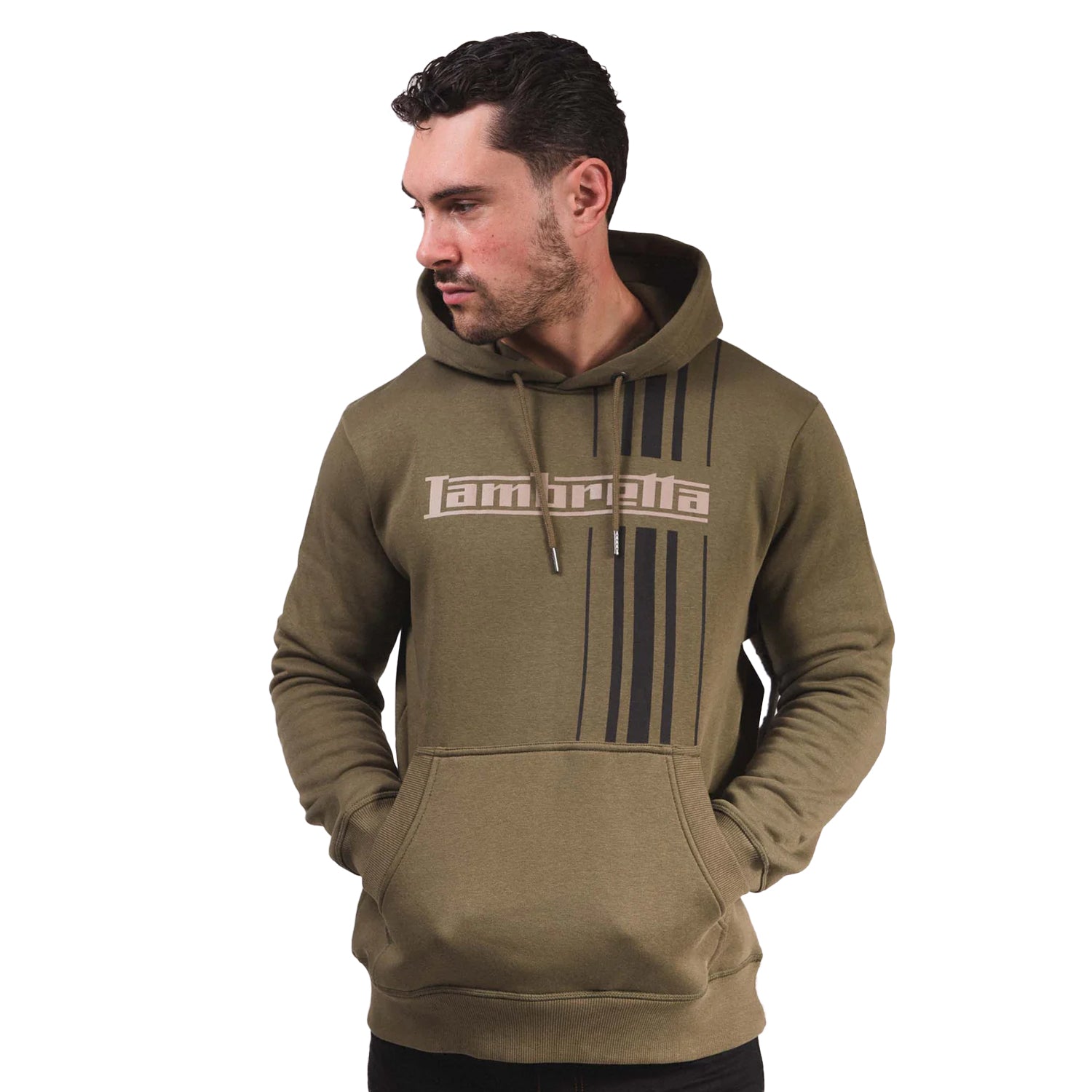 Khaki Green - Side - Lambretta Mens AW25 Striped Hoodie