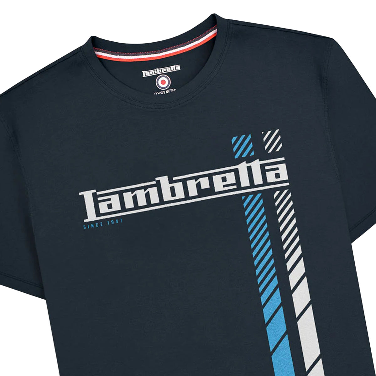 Navy-White-Blue - Side - Lambretta Mens Racing Stripe Big & Tall T-Shirt