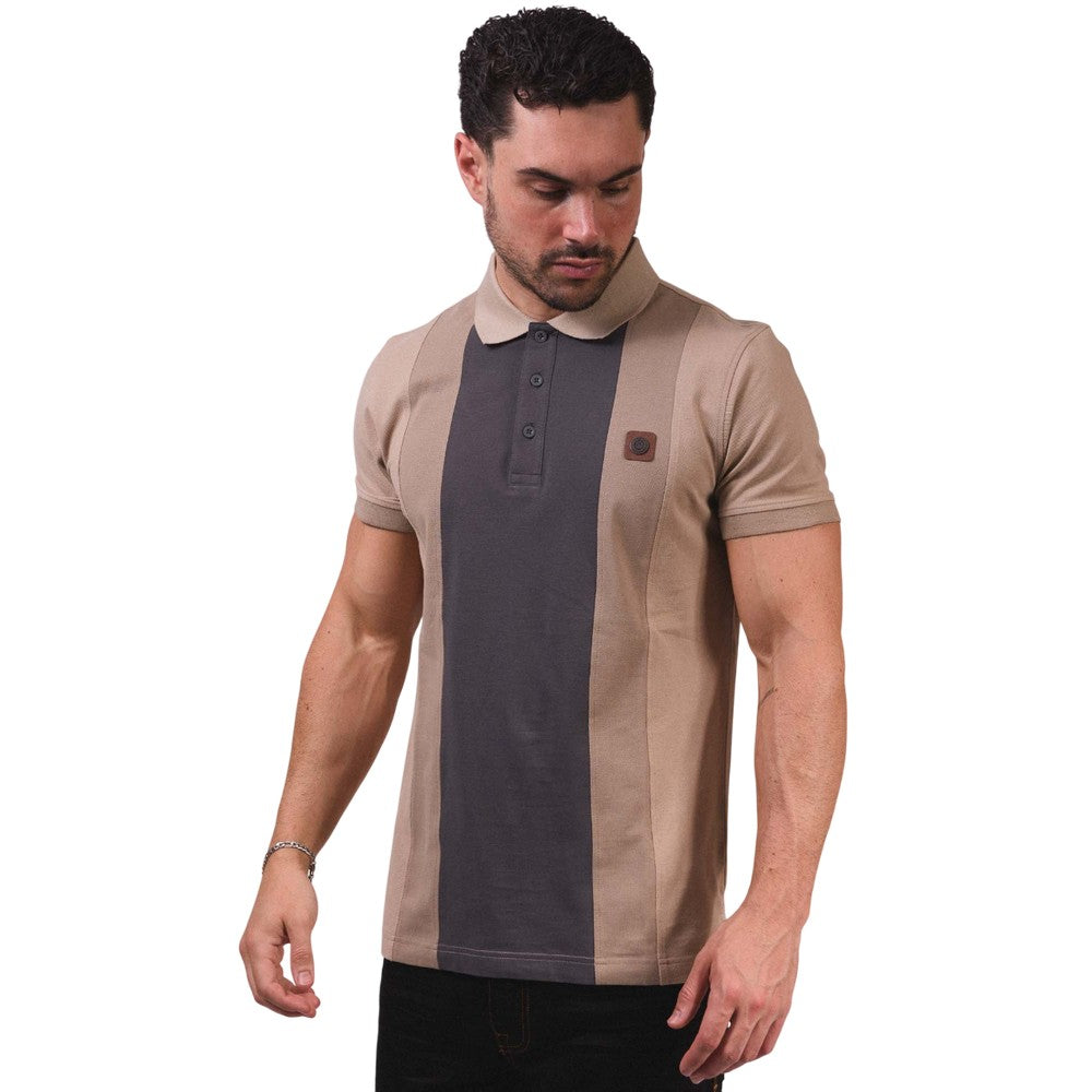 Stone - Close up - Lambretta Mens Contrast Panel Vintage Polo Shirt