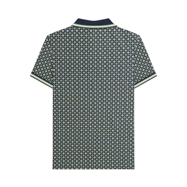 Navy-Basil - Back - Lambretta Mens Geometric Polo Shirt