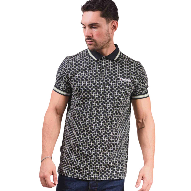 Navy-Basil - Side - Lambretta Mens Geometric Polo Shirt