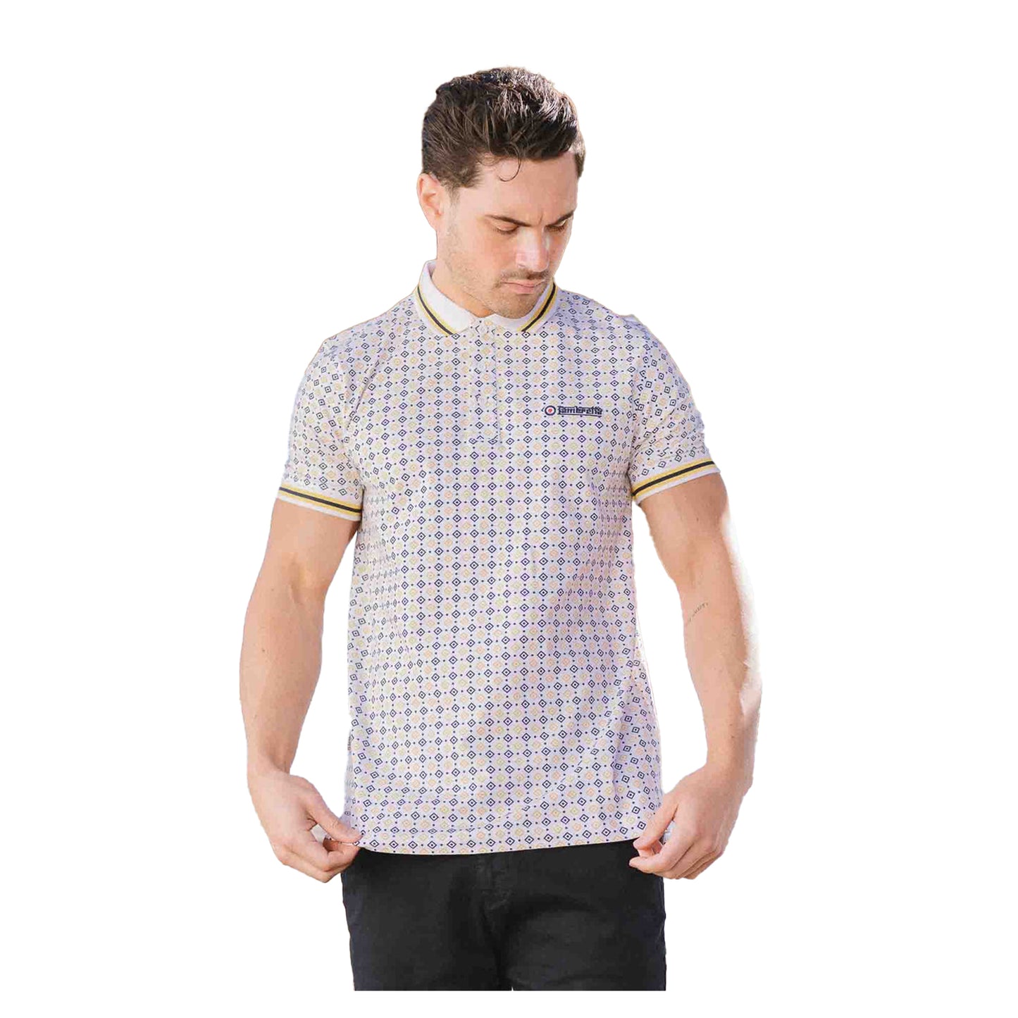 White-Navy-Smoke Blue - Side - Lambretta Mens Geometric Polo Shirt