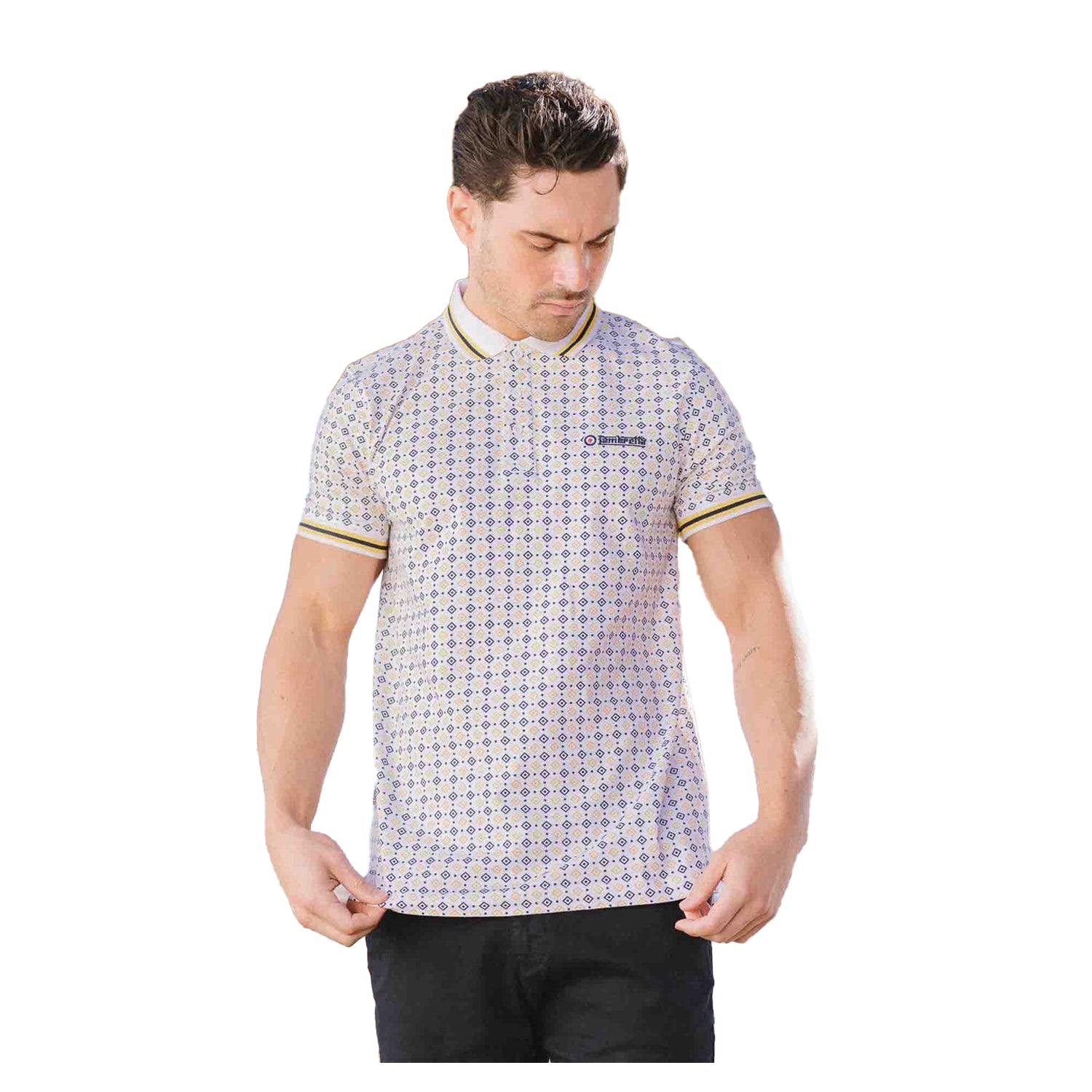 White-Navy-Smoke Blue - Side - Lambretta Mens Geometric Polo Shirt