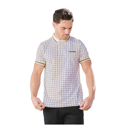 White-Navy-Smoke Blue - Side - Lambretta Mens Geometric Polo Shirt