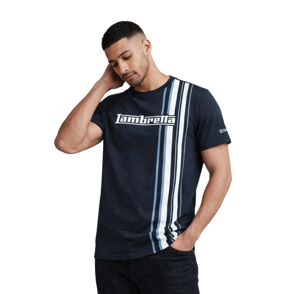 Navy-Smoke Blue - Side - Lambretta Mens Racing Stripe T-Shirt