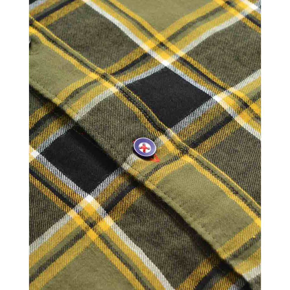 Khaki Green-Black-Gold - Side - Lambretta Mens Checked Brushed Long-Sleeved Shirt