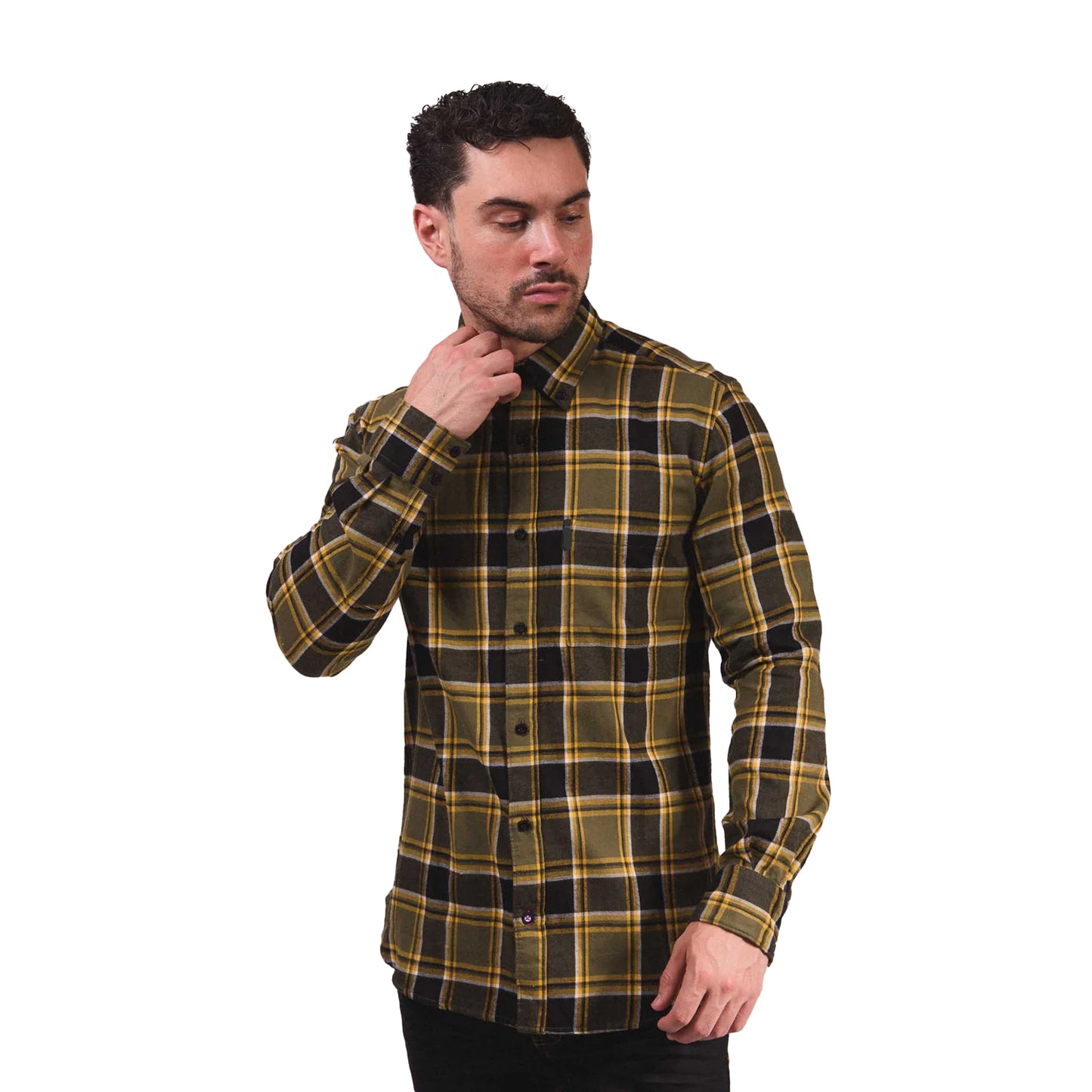 Khaki Green-Black-Gold - Pack Shot - Lambretta Mens Checked Brushed Long-Sleeved Shirt