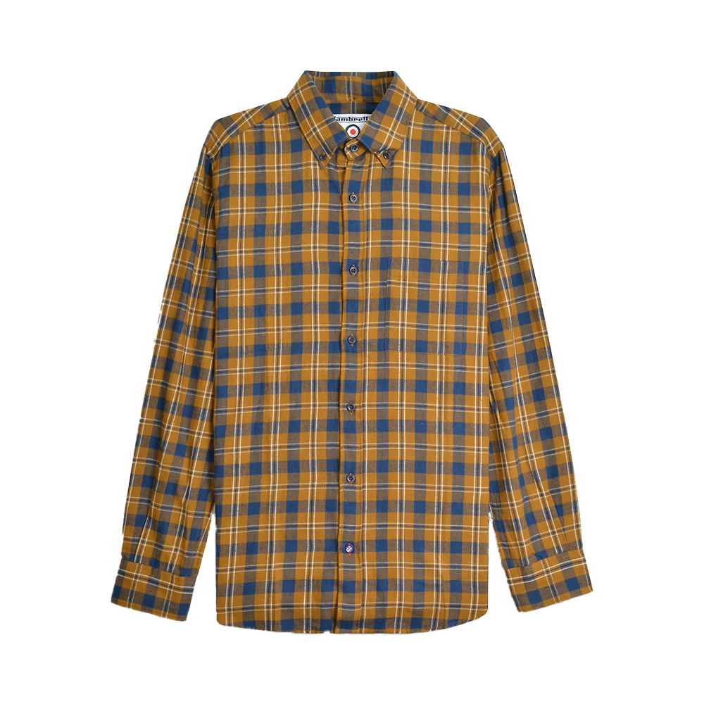 Mustard-Navy - Front - Lambretta Mens Checked Brushed Long-Sleeved Shirt