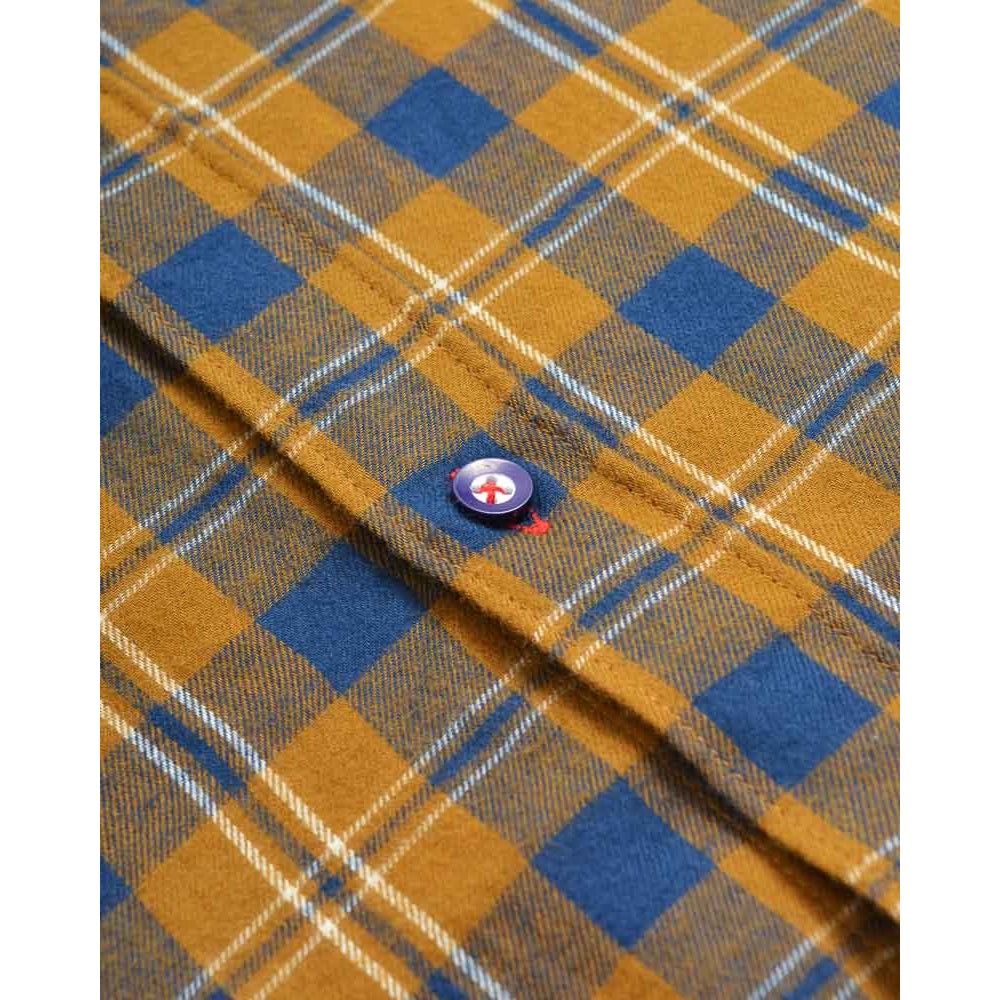 Mustard-Navy - Side - Lambretta Mens Checked Brushed Long-Sleeved Shirt