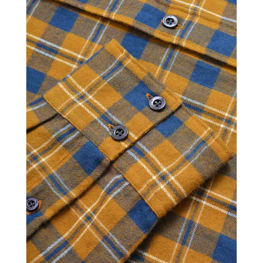 Mustard-Navy - Lifestyle - Lambretta Mens Checked Brushed Long-Sleeved Shirt