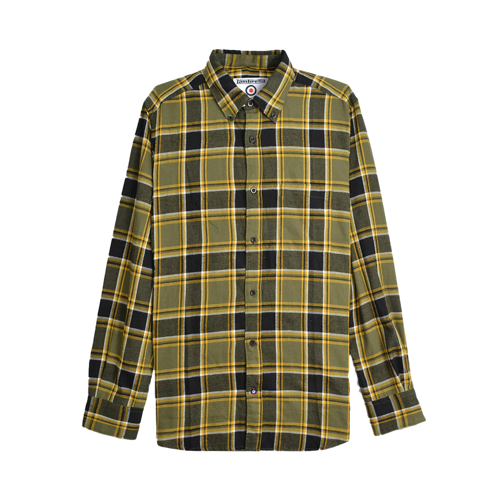 Khaki Green-Black-Gold - Front - Lambretta Mens Checked Brushed Long-Sleeved Shirt