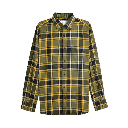 Khaki Green-Black-Gold - Front - Lambretta Mens Checked Brushed Long-Sleeved Shirt