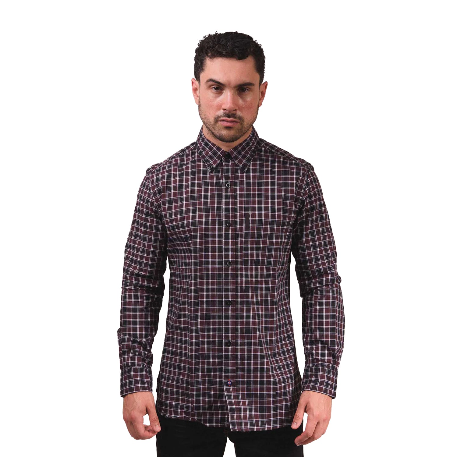 Burgundy-Black - Pack Shot - Lambretta Mens Checked Long-Sleeved Shirt