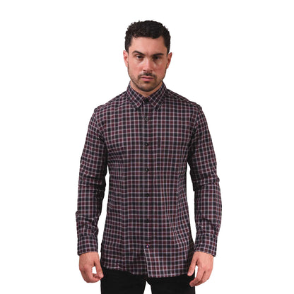Burgundy-Black - Pack Shot - Lambretta Mens Checked Long-Sleeved Shirt