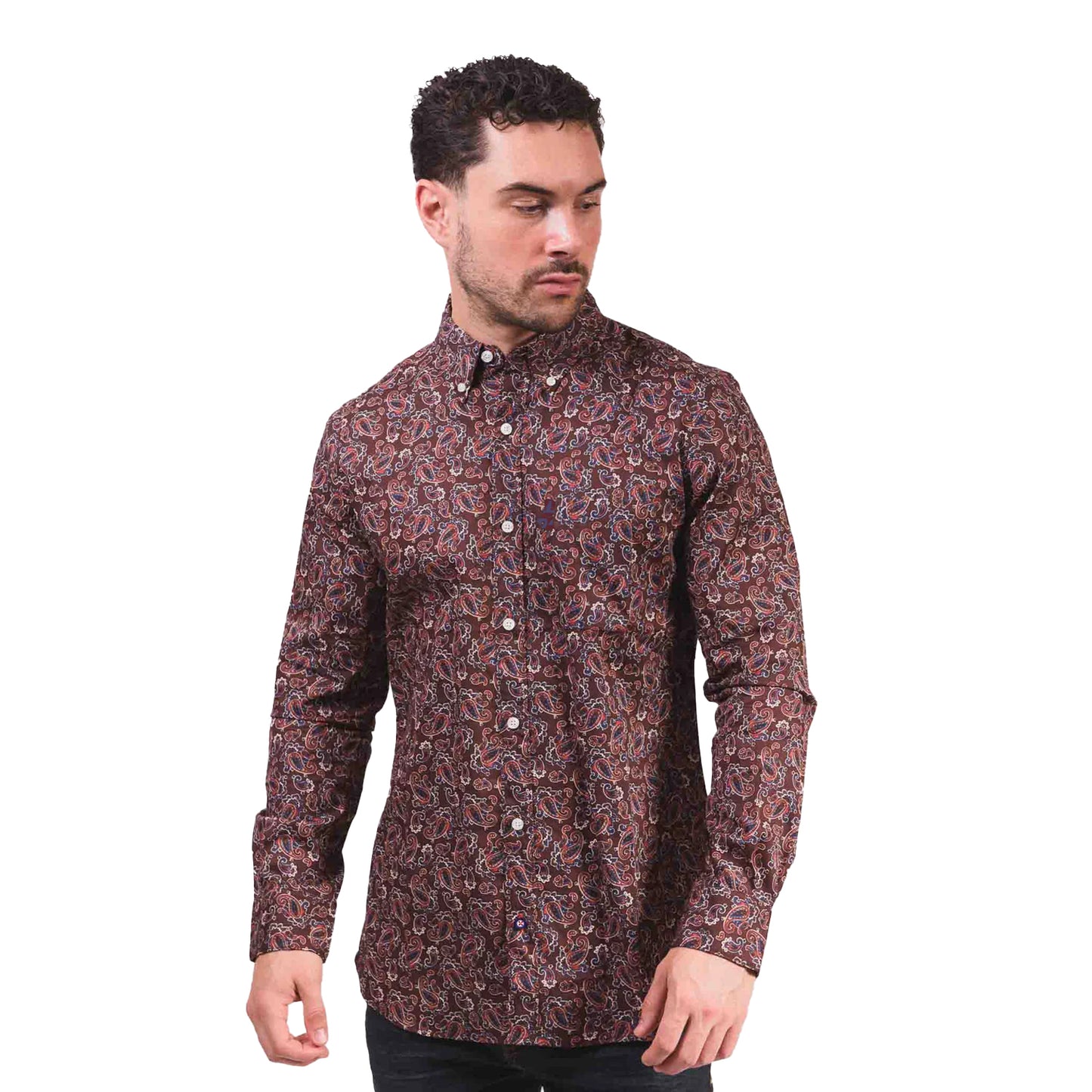 Burgundy - Pack Shot - Lambretta Mens Paisley Long-Sleeved Shirt