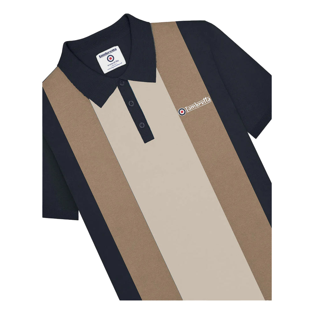 Navy-Cashew-Silver - Side - Lambretta Mens Vertical Stripe Knitted Polo Shirt