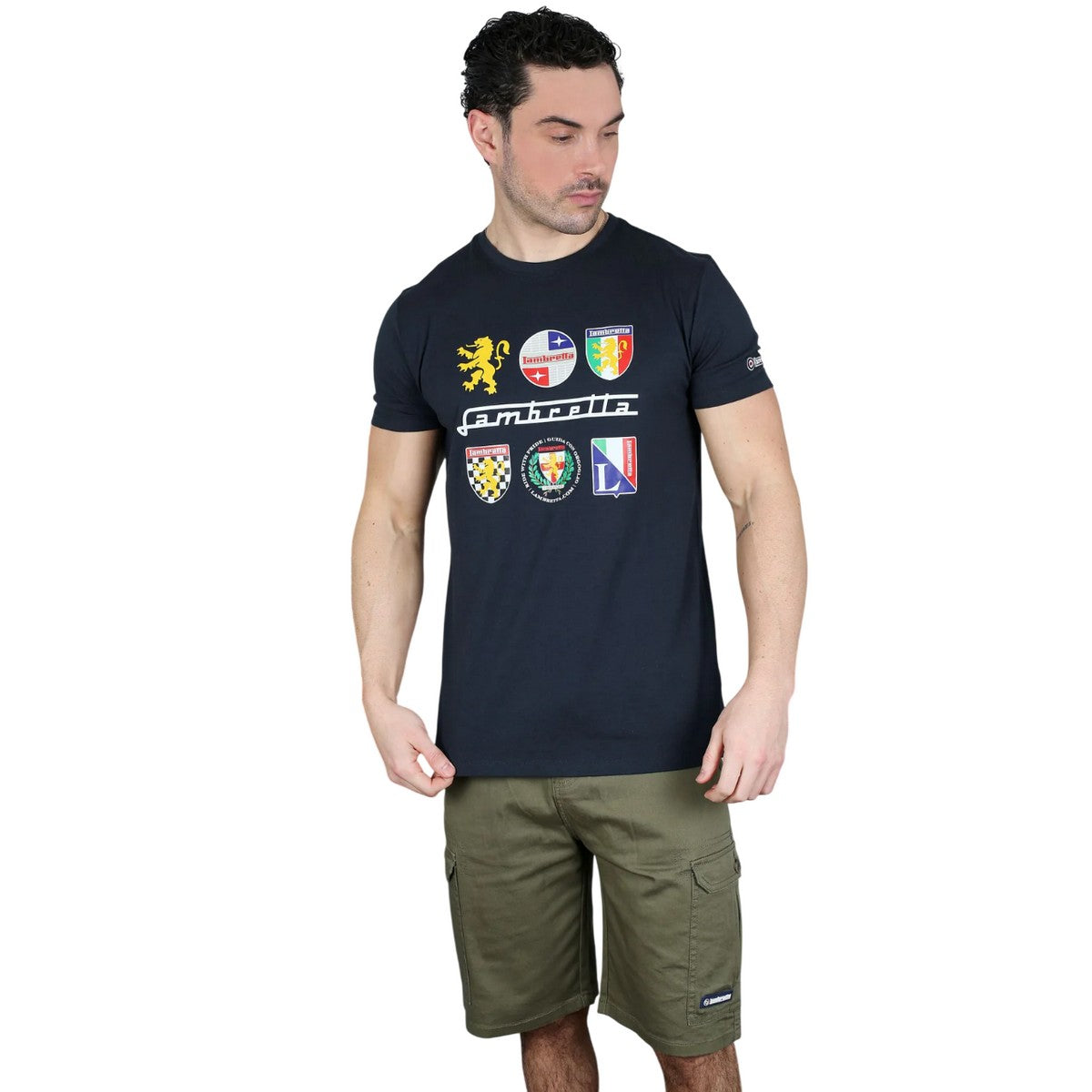 Navy - Side - Lambretta Mens Heritage SS26 Logos T-Shirt