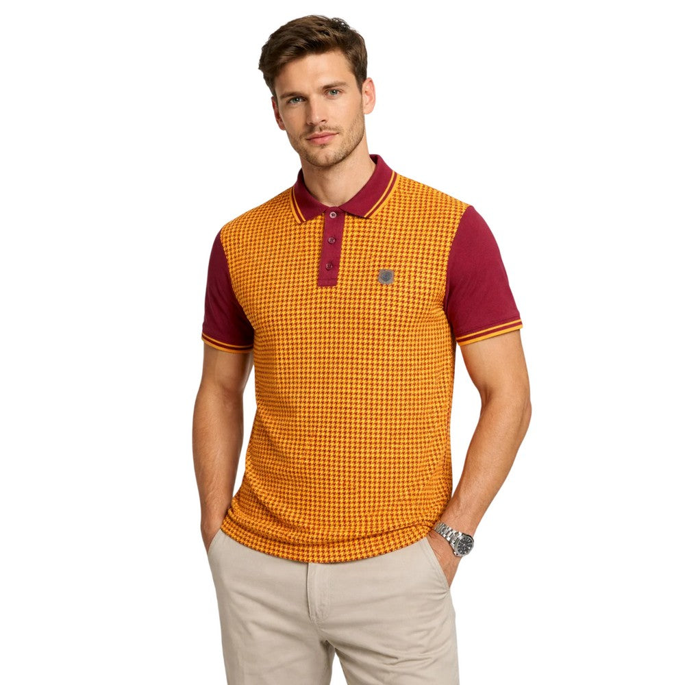 Burgundy-Gold - Side - Lambretta Mens Houndstooth Polo Shirt