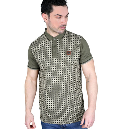 Khaki Green - Side - Lambretta Mens Houndstooth Polo Shirt