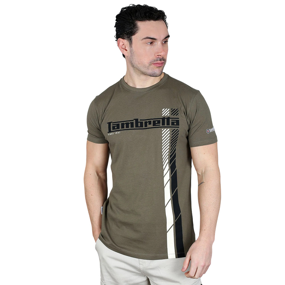 Khaki - Side - Lambretta Mens Racing Stripe T-Shirt