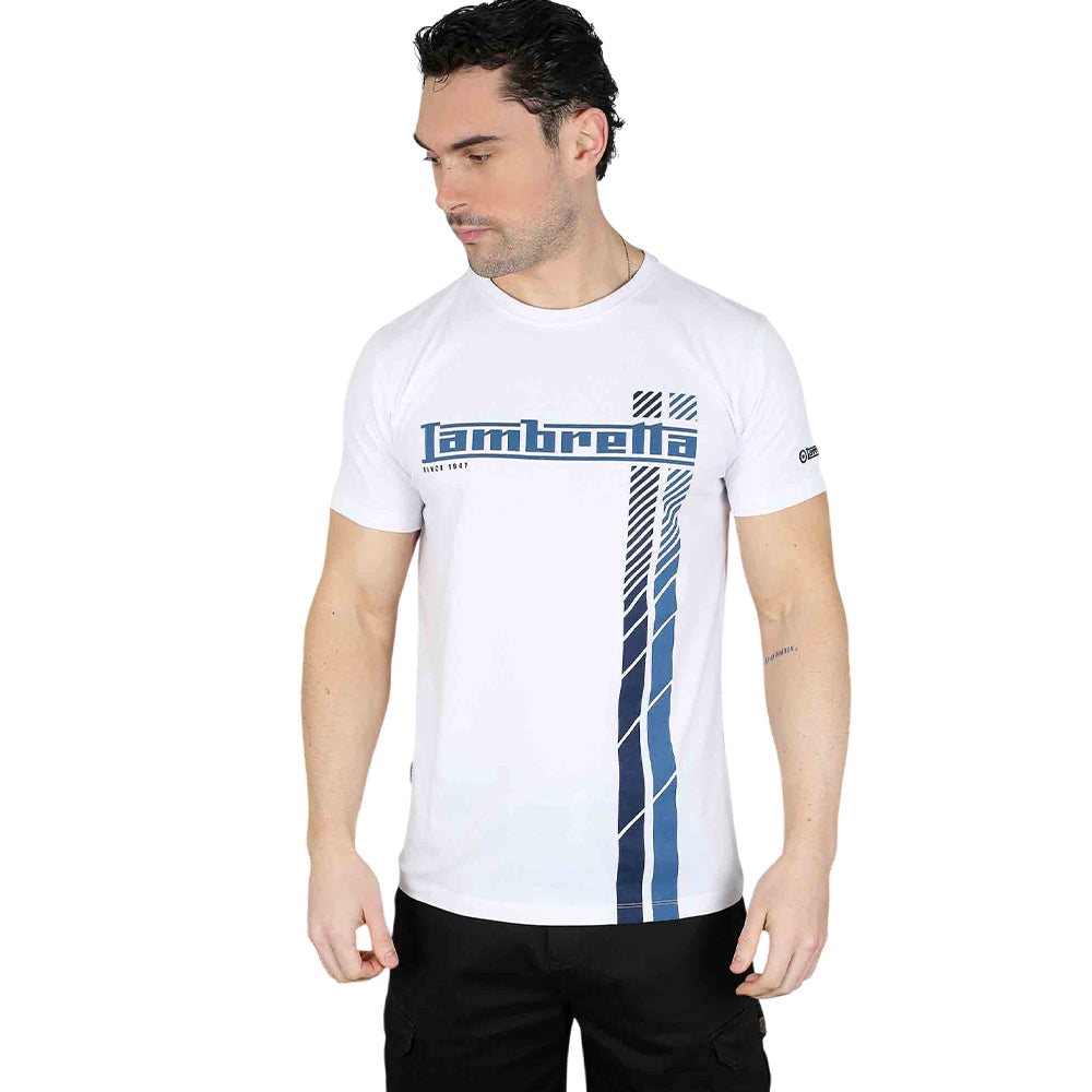 White-Navy-Dark Blue - Side - Lambretta Mens Racing Stripe T-Shirt