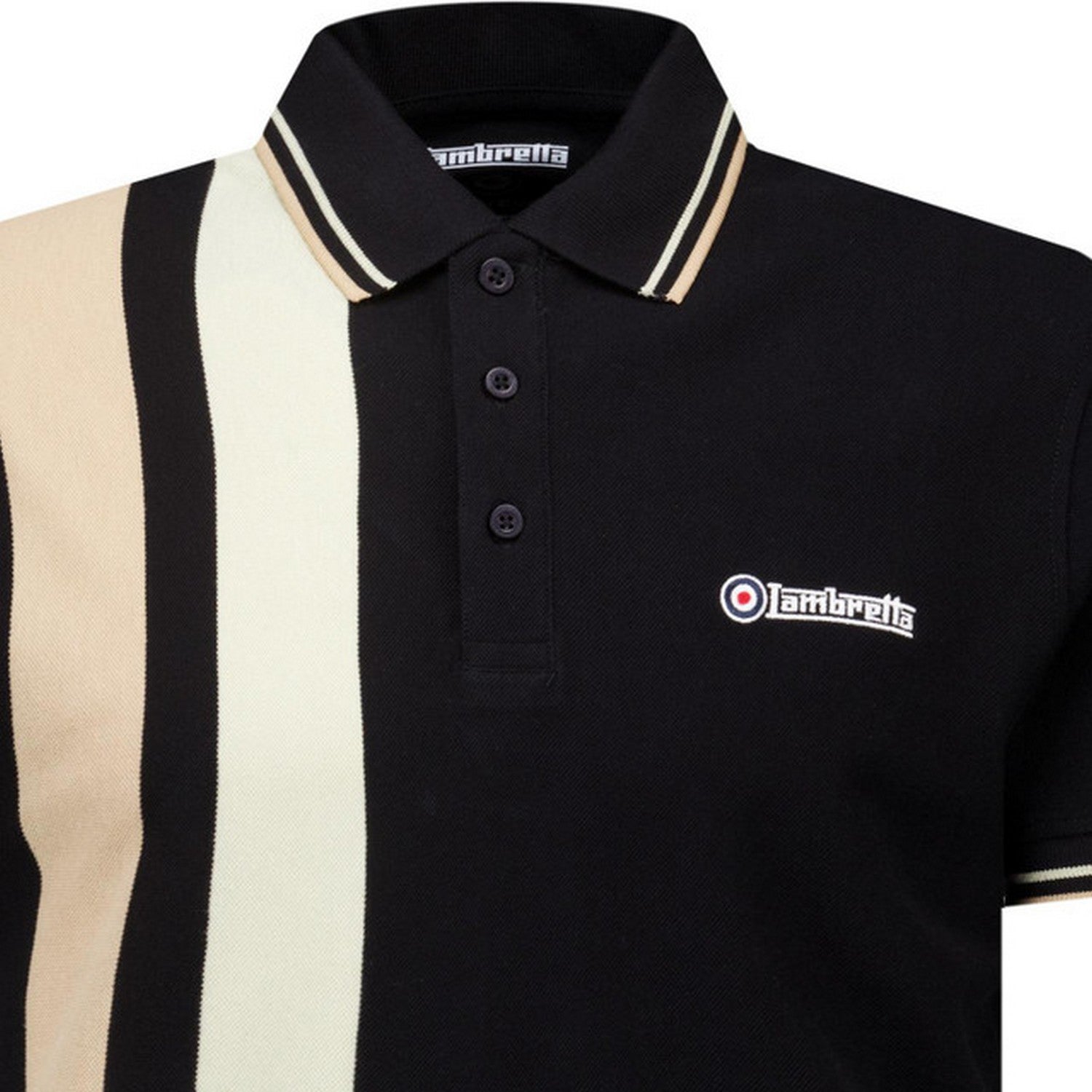Black-Nomad - Side - Lambretta Mens Classic Yarn Dyed Stripe Logo Polo Shirt