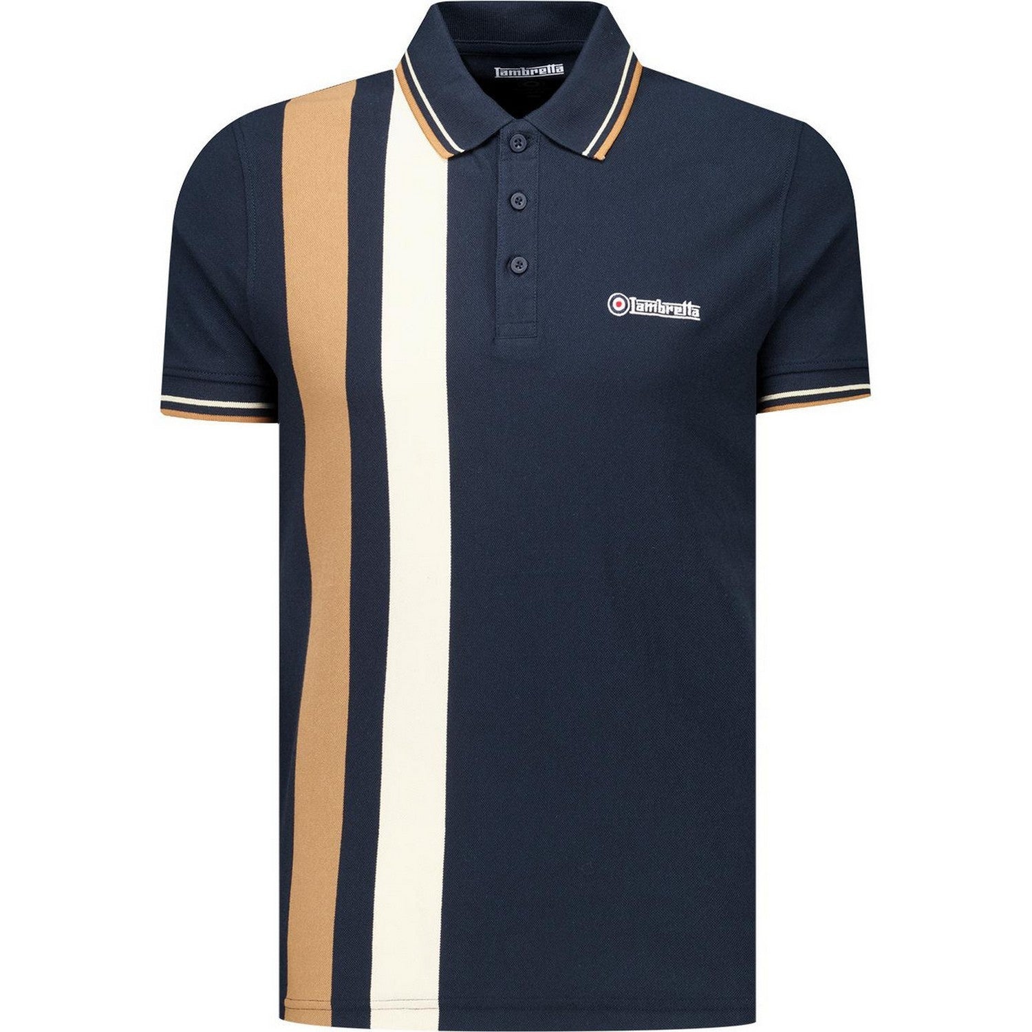 Navy-Smoke Blue - Front - Lambretta Mens Classic Yarn Dyed Stripe Logo Polo Shirt