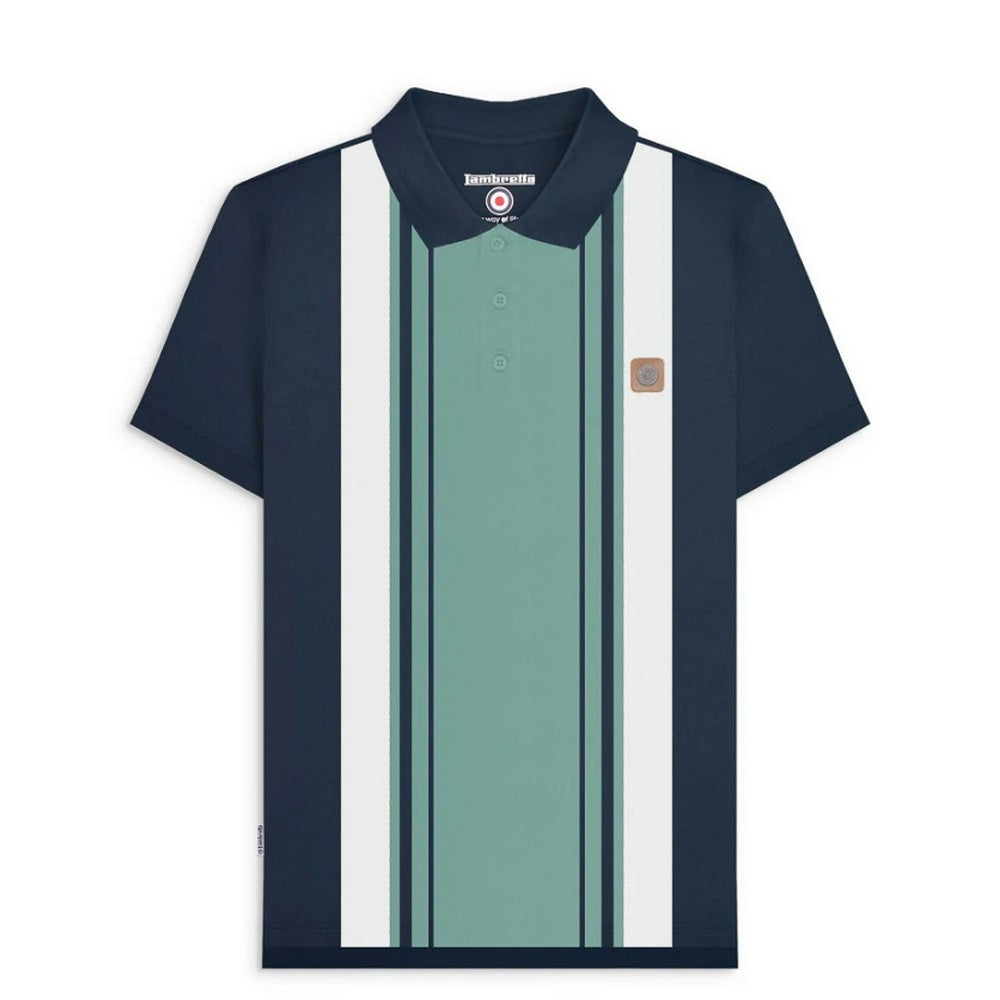 Navy-Smoke Blue - Front - Lambretta Mens Classic Yarn Dyed Stripe Logo Polo Shirt