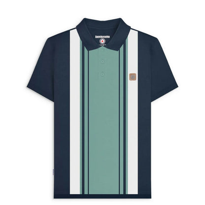 Navy-Smoke Blue - Front - Lambretta Mens Classic Yarn Dyed Stripe Logo Polo Shirt