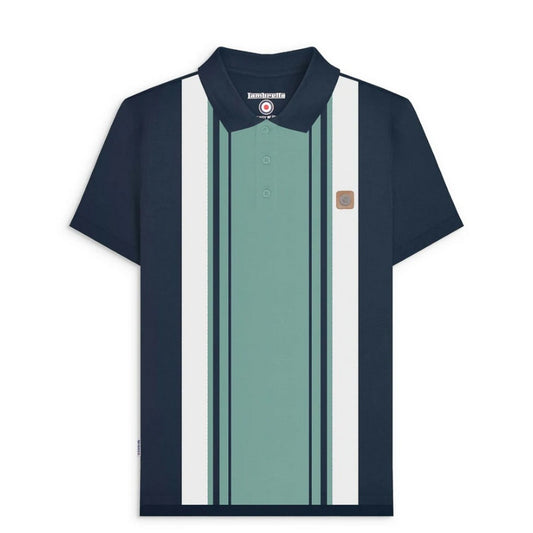 Navy-Smoke Blue - Front - Lambretta Mens Classic Yarn Dyed Stripe Logo Polo Shirt