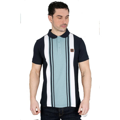 Navy-Smoke Blue - Back - Lambretta Mens Classic Yarn Dyed Stripe Logo Polo Shirt