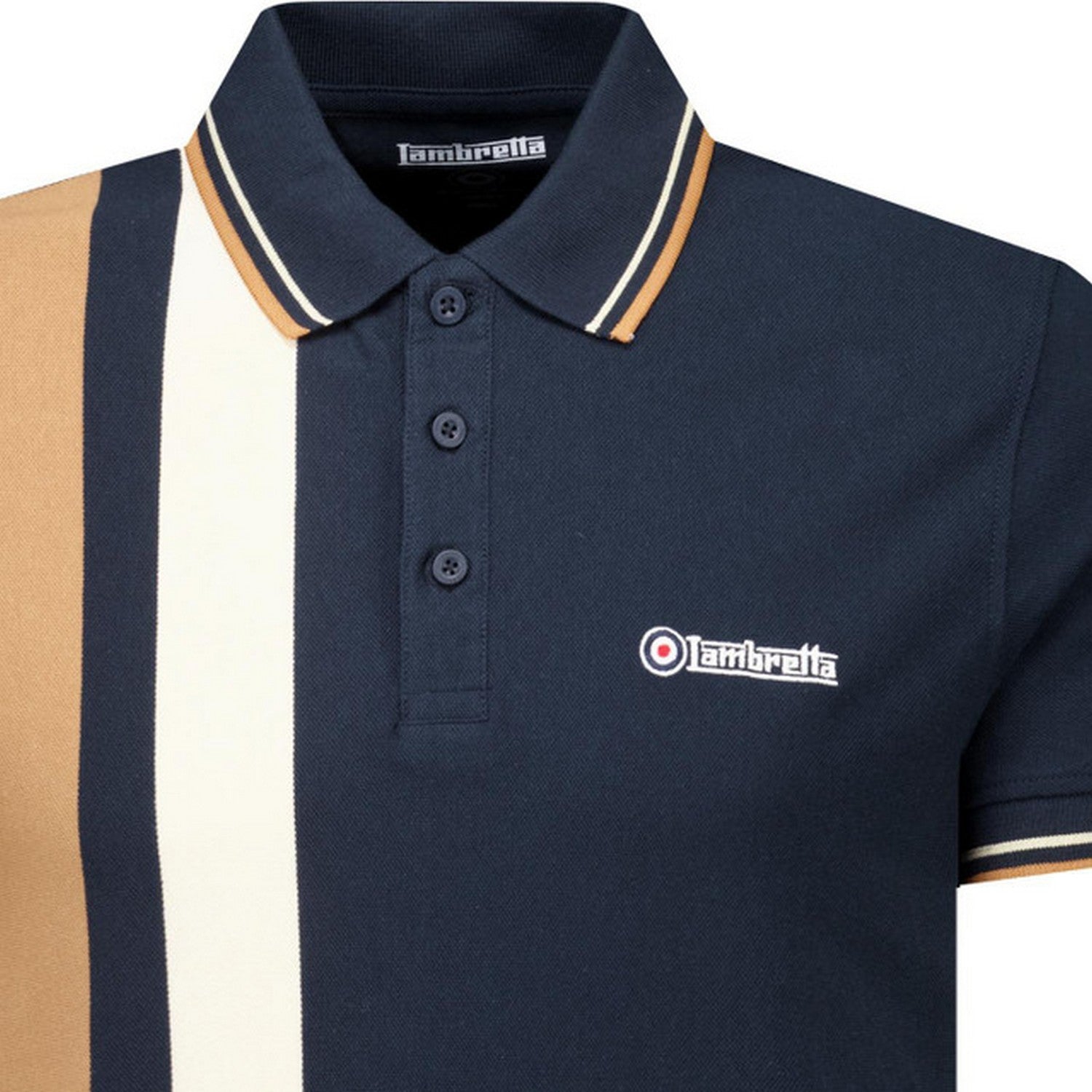 Navy-Smoke Blue - Side - Lambretta Mens Classic Yarn Dyed Stripe Logo Polo Shirt