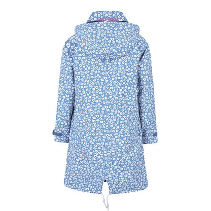 Sky Blue-White - Side - Lazy Jacks Womens-Ladies Buttercups Long Length Waterproof Jacket