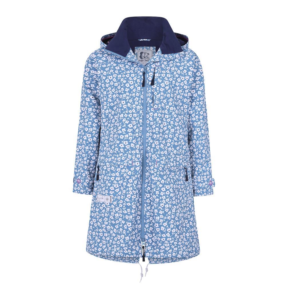 Sky Blue-White - Front - Lazy Jacks Womens-Ladies Buttercups Long Length Waterproof Jacket