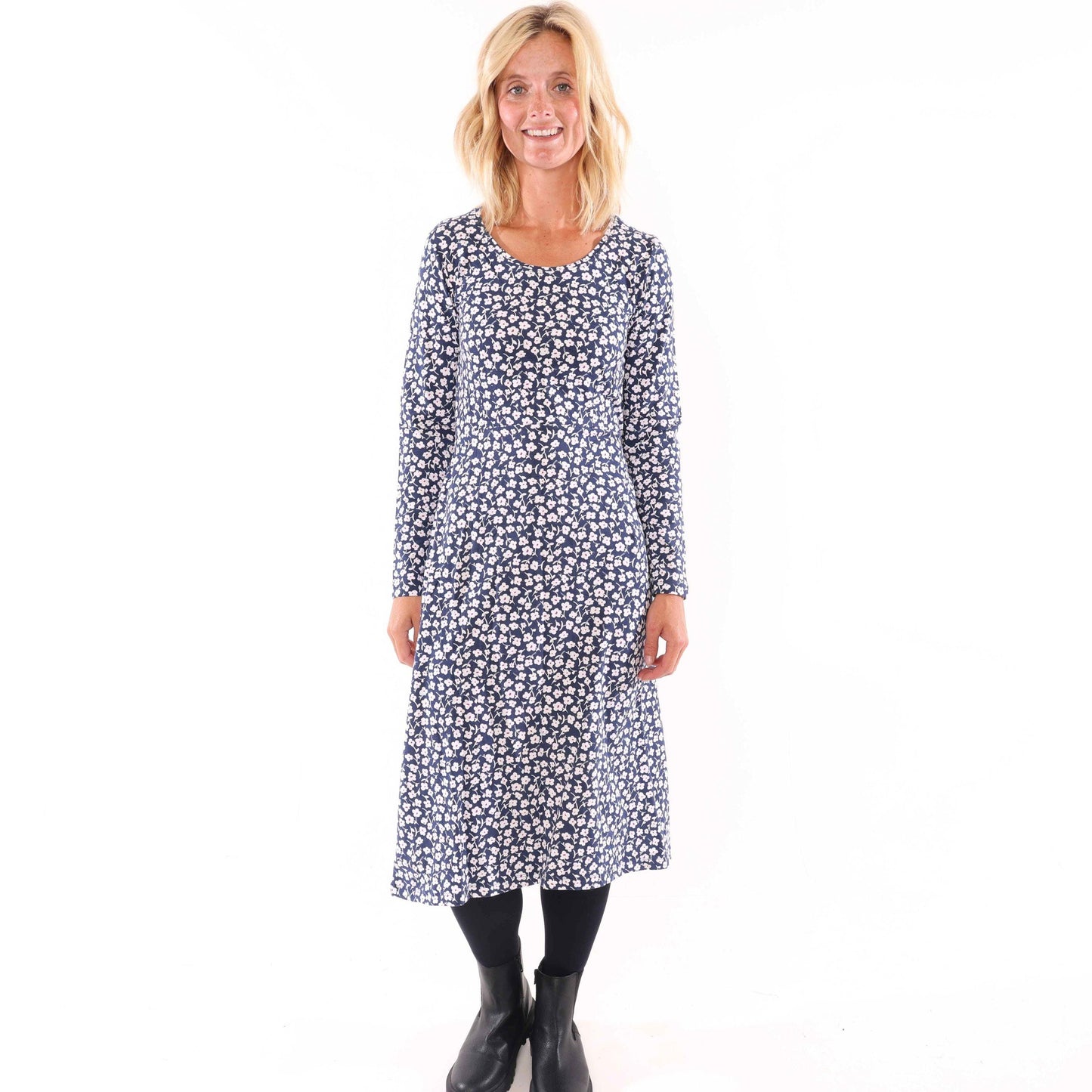 Blue-White - Back - Lazy Jacks Womens-Ladies Buttercups Tie Back Long-Sleeved Midi Dress