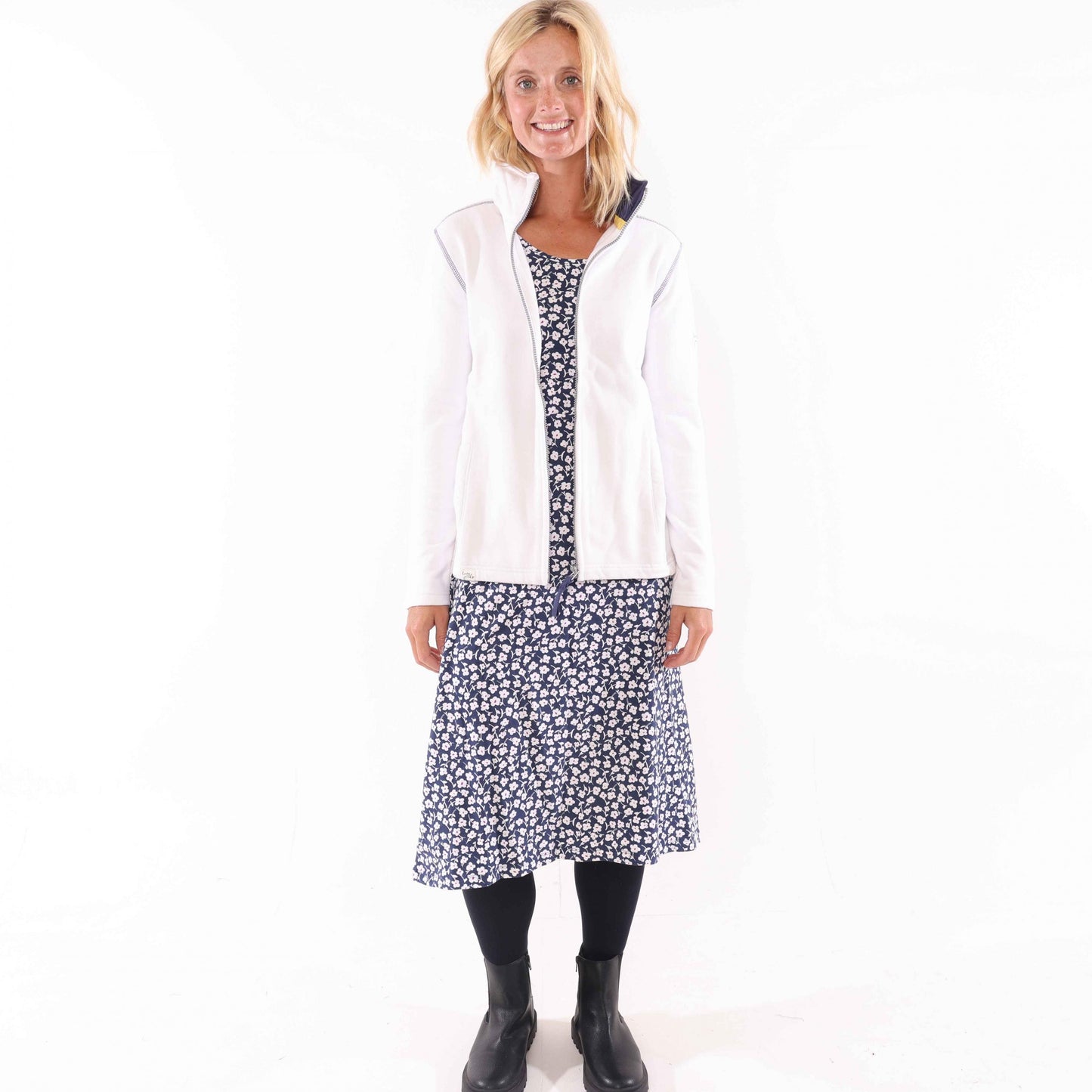 Blue-White - Side - Lazy Jacks Womens-Ladies Buttercups Tie Back Long-Sleeved Midi Dress