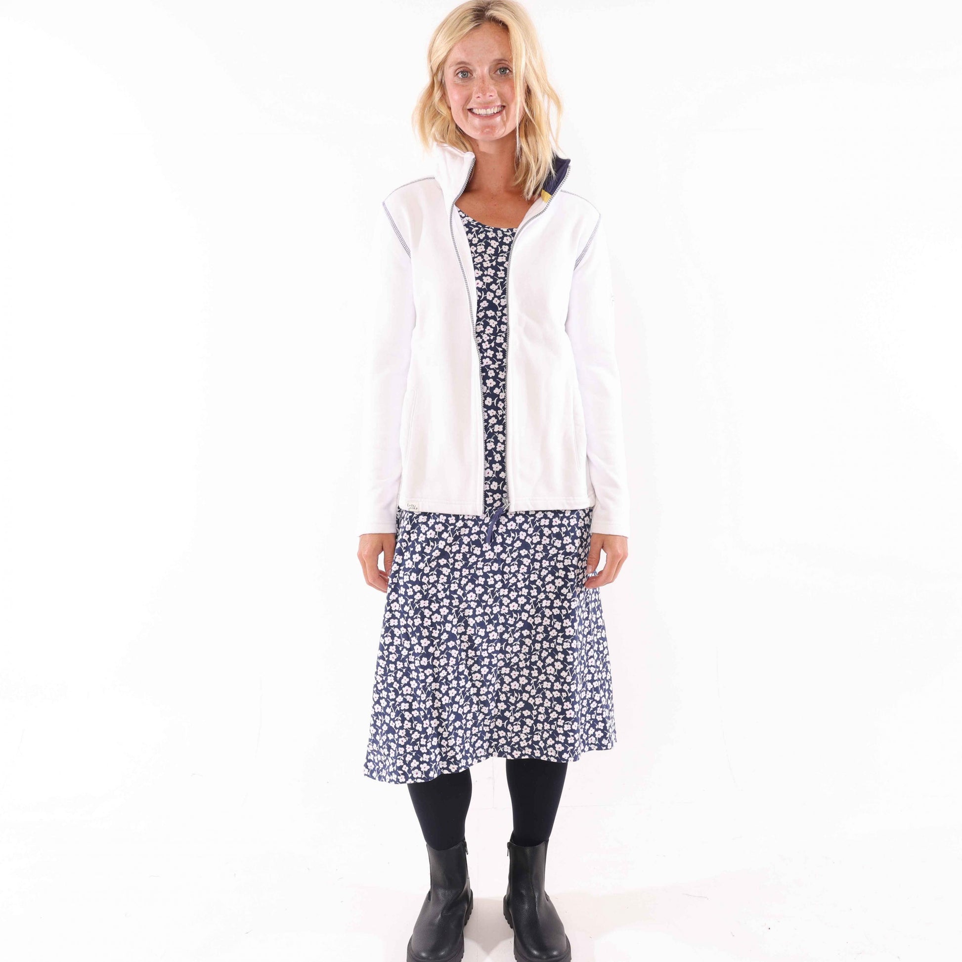 Blue-White - Side - Lazy Jacks Womens-Ladies Buttercups Tie Back Long-Sleeved Midi Dress