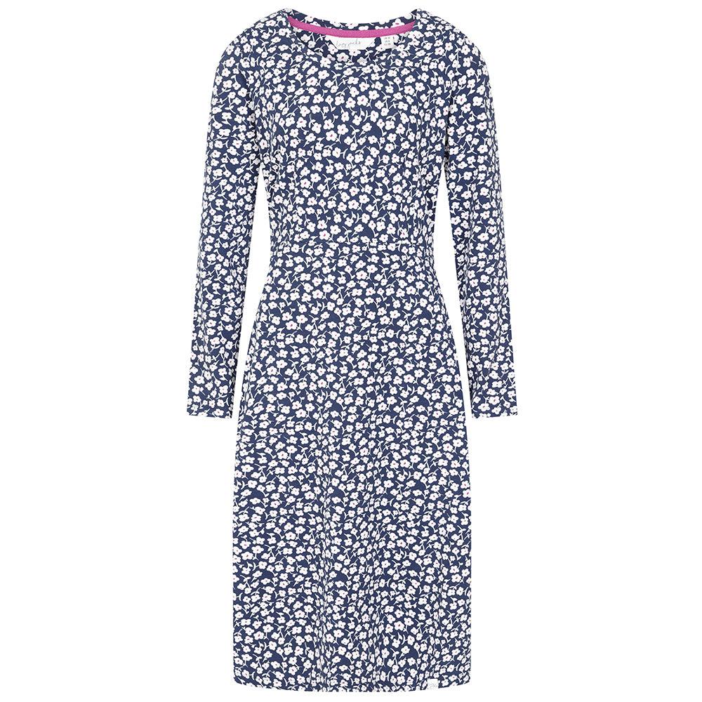 Blue-White - Lifestyle - Lazy Jacks Womens-Ladies Buttercups Tie Back Long-Sleeved Midi Dress