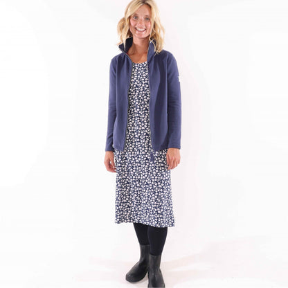 Blue-White - Front - Lazy Jacks Womens-Ladies Buttercups Tie Back Long-Sleeved Midi Dress