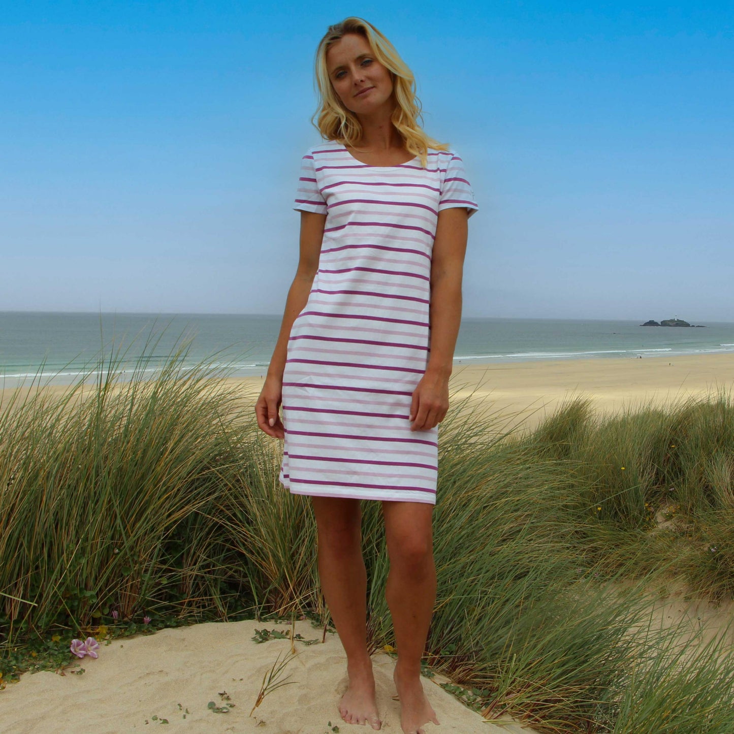Pink - Front - Lazy Jacks Womens-Ladies Striped T-Shirt Dress