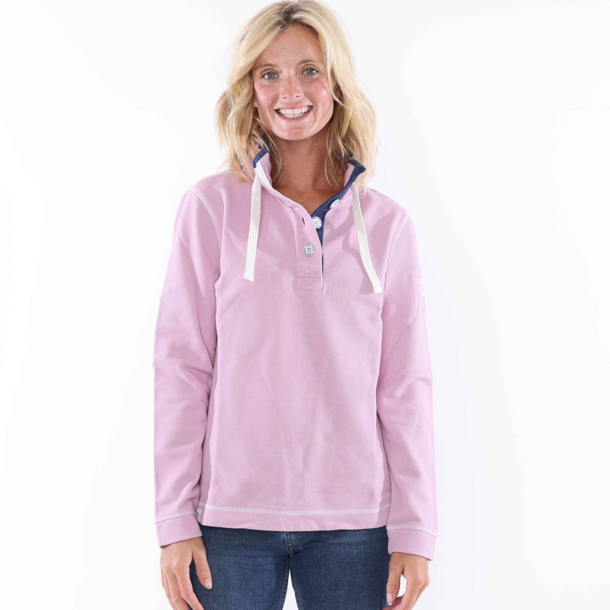 Pink - Front - Lazy Jacks Womens-Ladies Pique Button Neck Sweatshirt