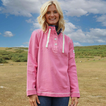 Salmon - Front - Lazy Jacks Womens-Ladies Pique Button Neck Sweatshirt