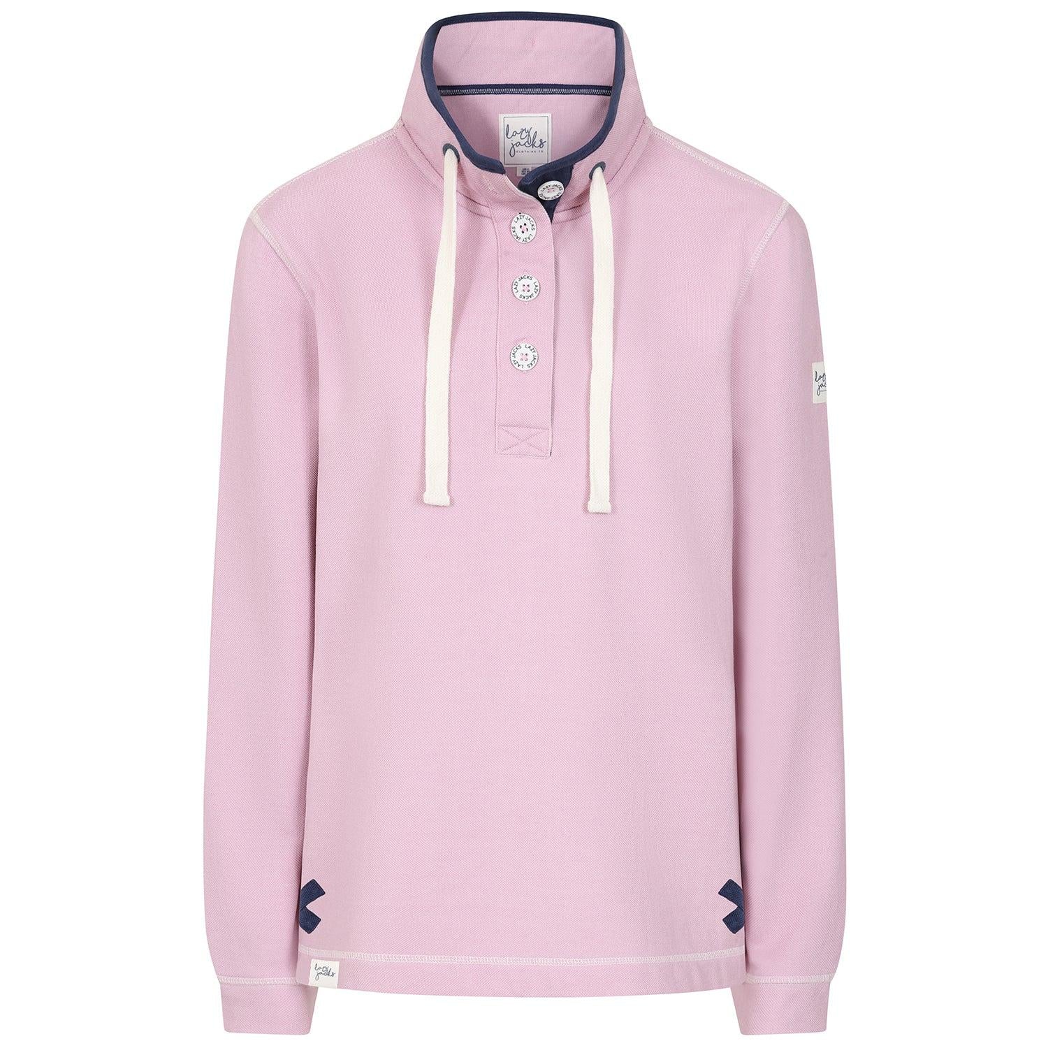 Pink - Back - Lazy Jacks Womens-Ladies Pique Button Neck Sweatshirt