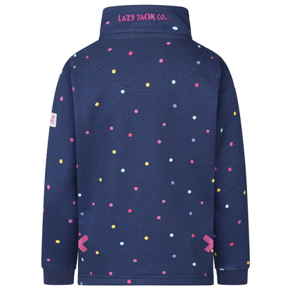 Blue - Back - Lazy Jacks Girls Polka Dot Quarter Zip Sweatshirt