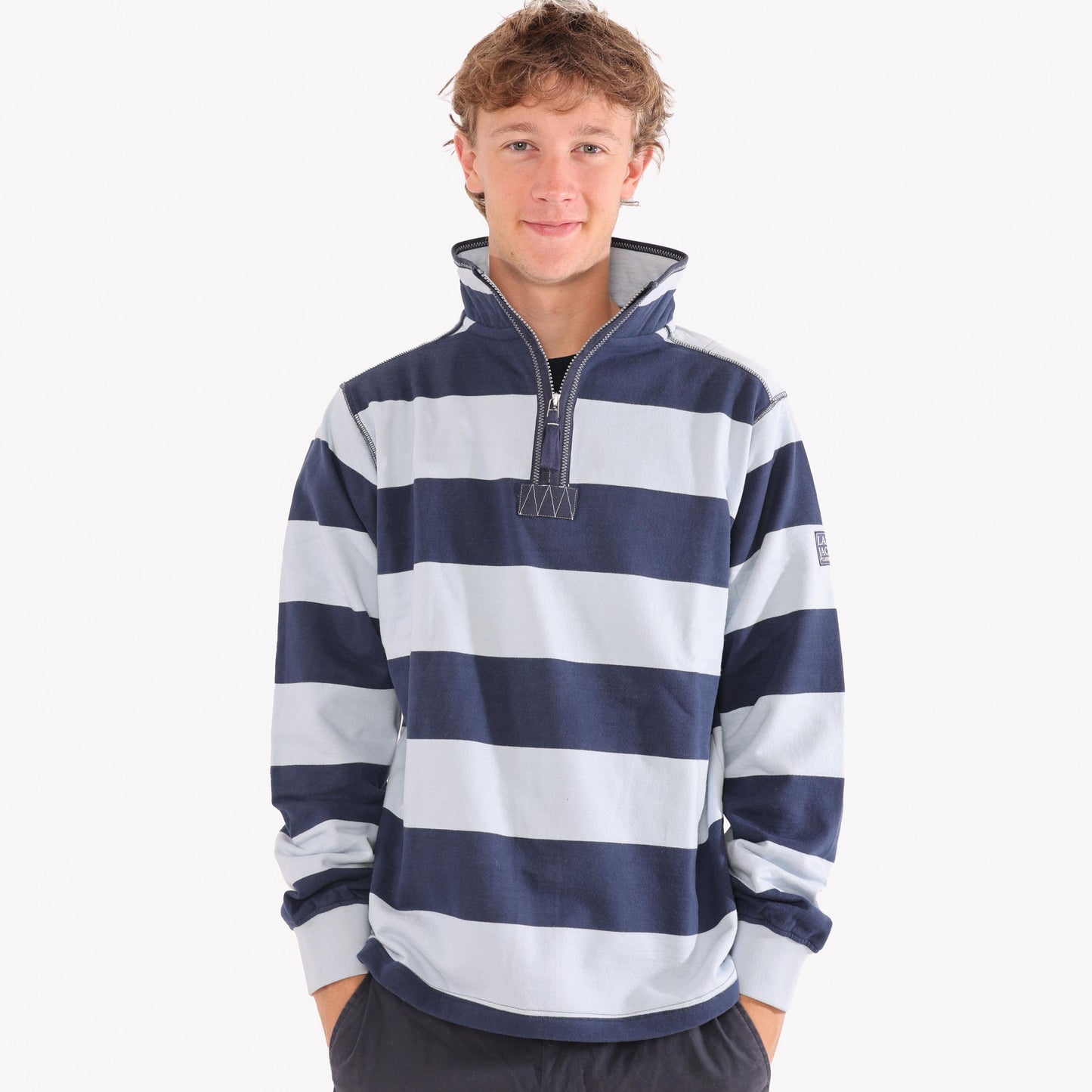 Sky - Front - Lazy Jacks Mens Striped Quarter Zip Sweatshirt