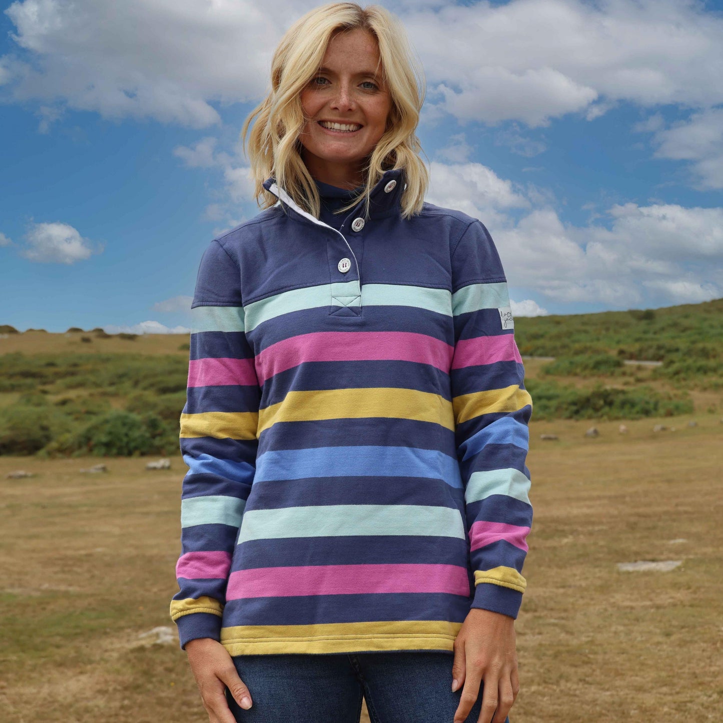 Multicoloured - Front - Lazy Jacks Womens-Ladies Striped Button Neck Sweatshirt