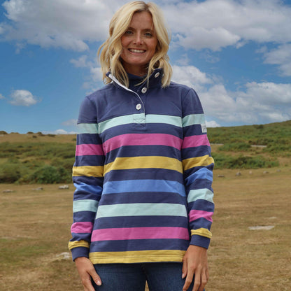 Multicoloured - Front - Lazy Jacks Womens-Ladies Striped Button Neck Sweatshirt
