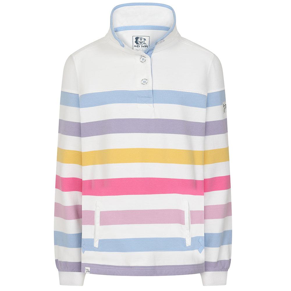 Pastel - Front - Lazy Jacks Womens-Ladies Striped Button Neck Sweatshirt