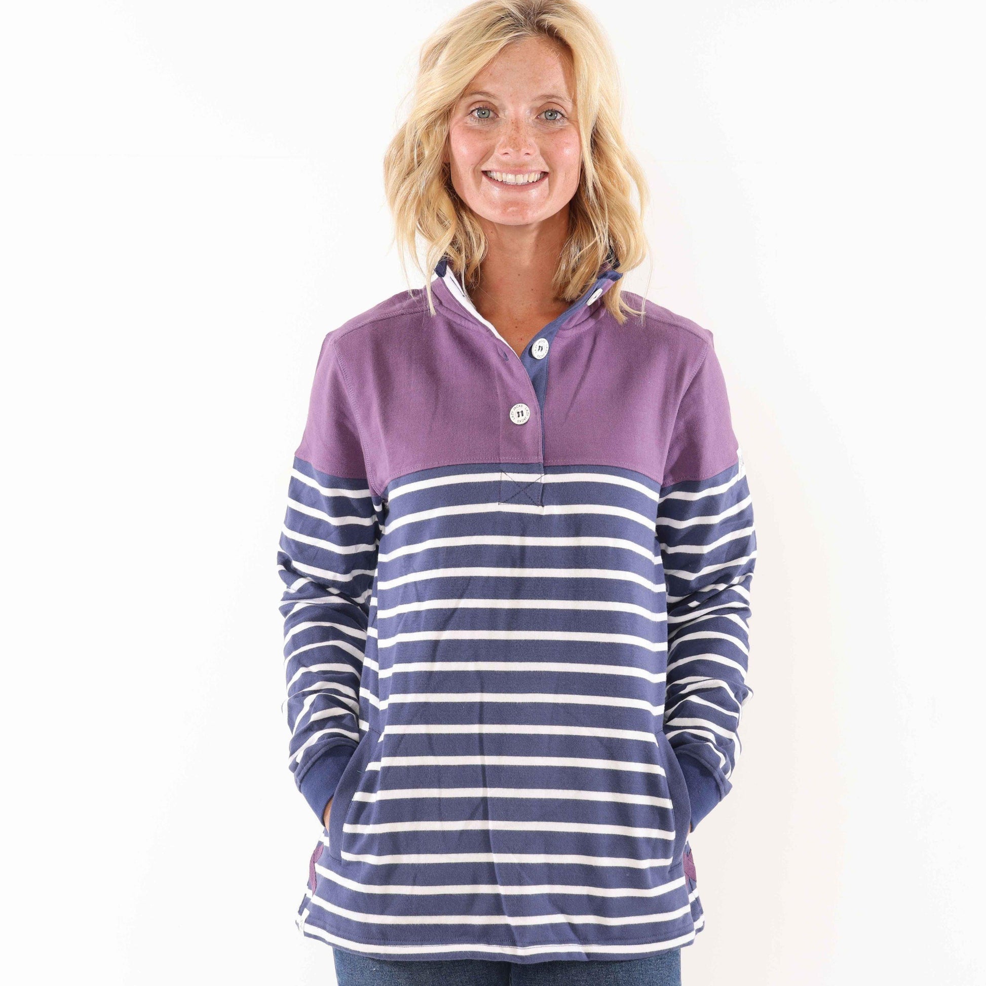 Loganberry - Back - Lazy Jacks Womens-Ladies Striped Button Neck Sweatshirt